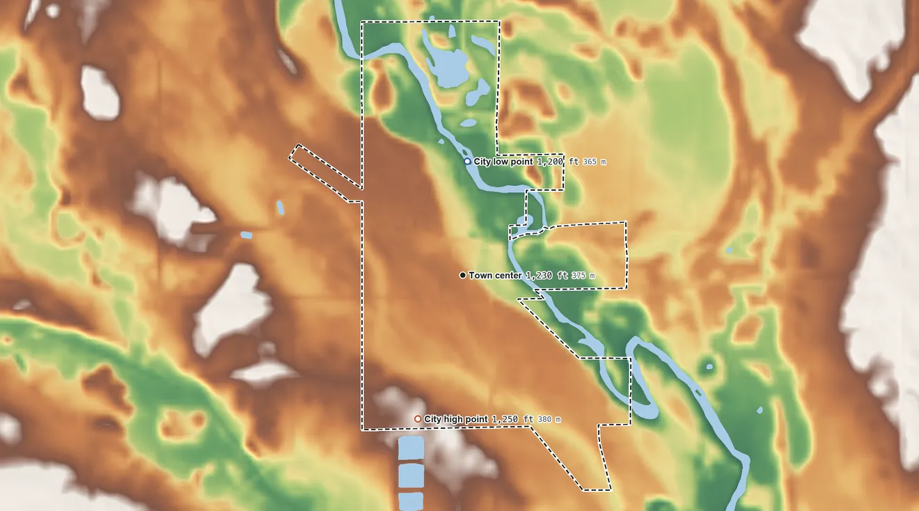 Topographic elevation map of Glenville, Minnesota, shaded from 1,200 ft on the north side to 1,250 ft on the south side