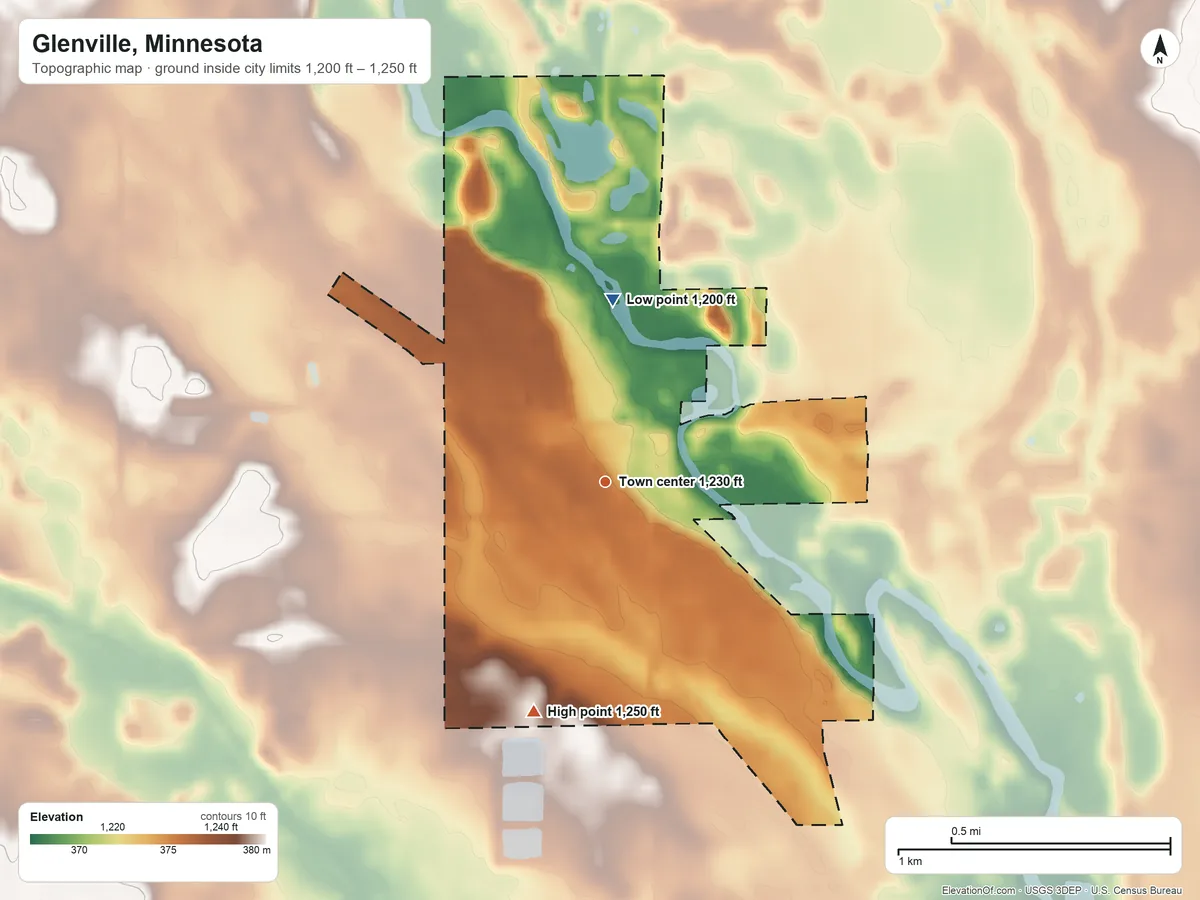 Topographic elevation map of Glenville, Minnesota, shaded from 1,200 ft on the north side to 1,250 ft on the south side