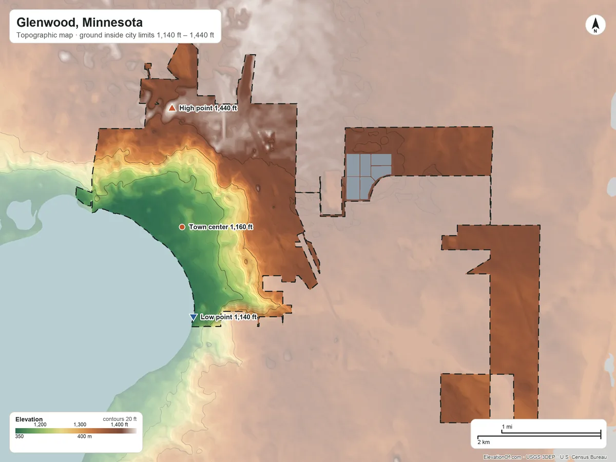Topographic elevation map of Glenwood, Minnesota, shaded from 1,140 ft on the south side to 1,440 ft on the north side