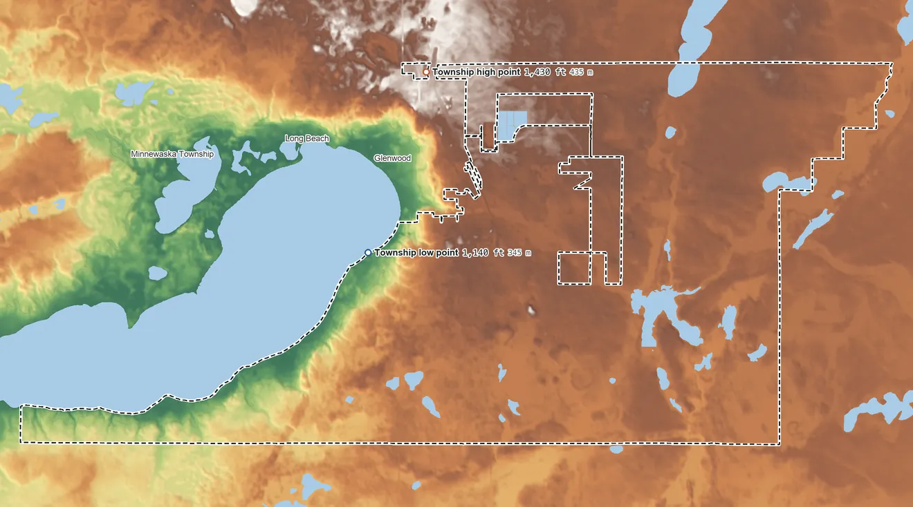 Topographic elevation map of Glenwood Township, Minnesota, shaded from 1,140 ft near the middle to 1,430 ft on the north side