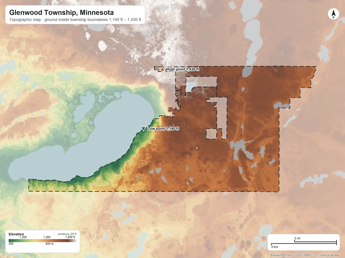 Topographic elevation map of Glenwood Township, Minnesota, shaded from 1,140 ft near the middle to 1,430 ft on the north side