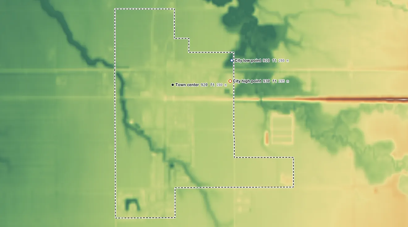 Topographic elevation map of Glyndon, Minnesota, shaded from 910 ft on the east side to 930 ft on the east side