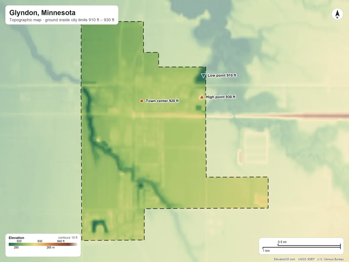 Topographic elevation map of Glyndon, Minnesota, shaded from 910 ft on the east side to 930 ft on the east side