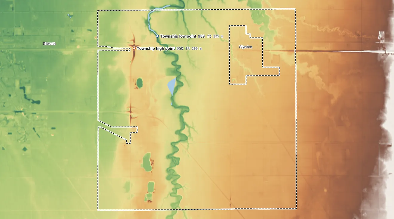 Topographic elevation map of Glyndon Township, Minnesota, shaded from 900 ft on the northwest side to 950 ft on the west side