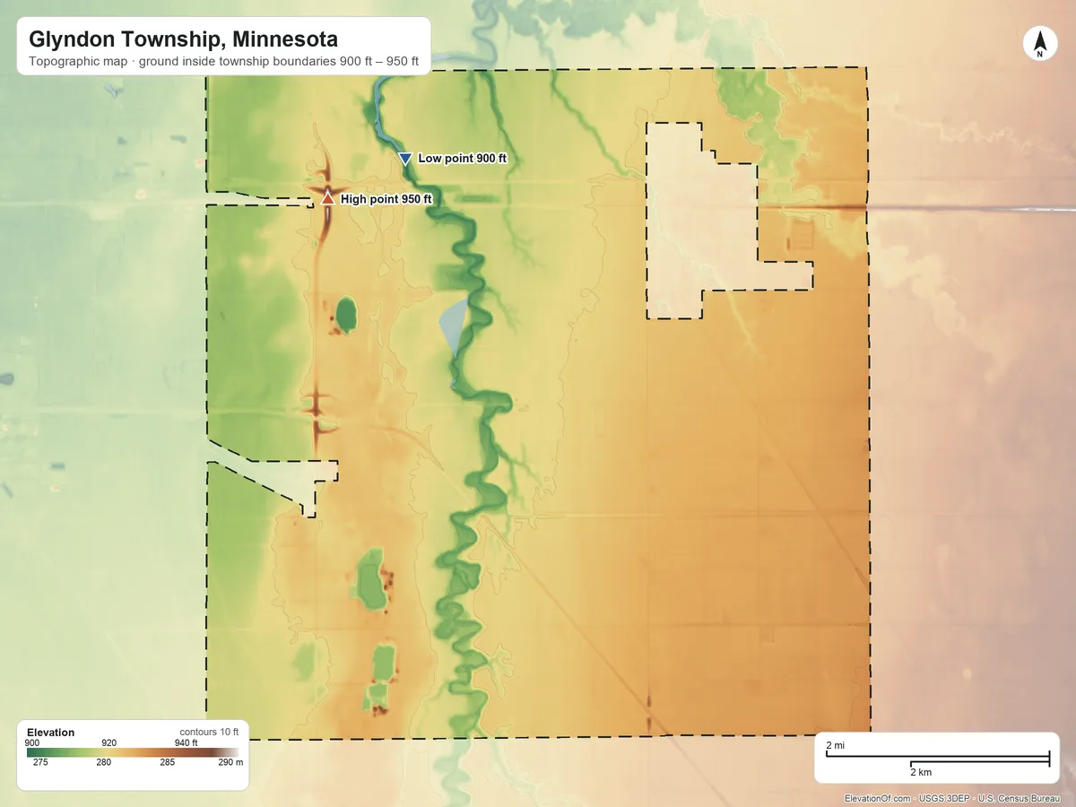 Topographic elevation map of Glyndon Township, Minnesota, shaded from 900 ft on the northwest side to 950 ft on the west side