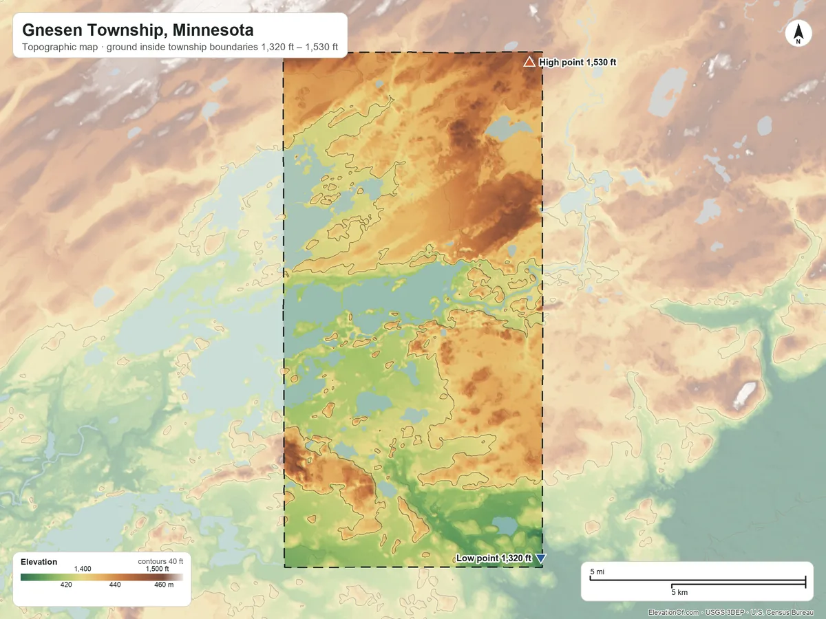 Topographic elevation map of Gnesen Township, Minnesota, shaded from 1,320 ft on the southeast side to 1,530 ft on the north side