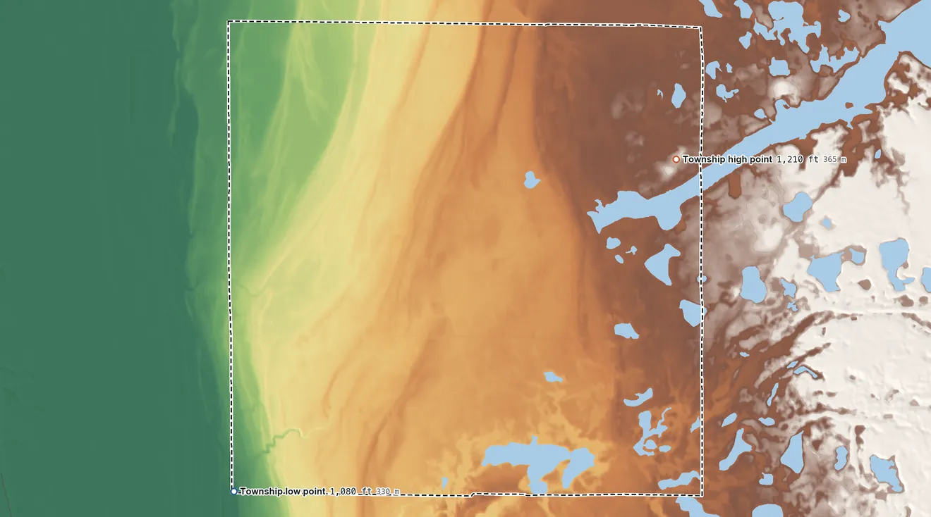 Topographic elevation map of Godfrey Township, Minnesota, shaded from 1,080 ft on the southwest side to 1,210 ft on the northeast side