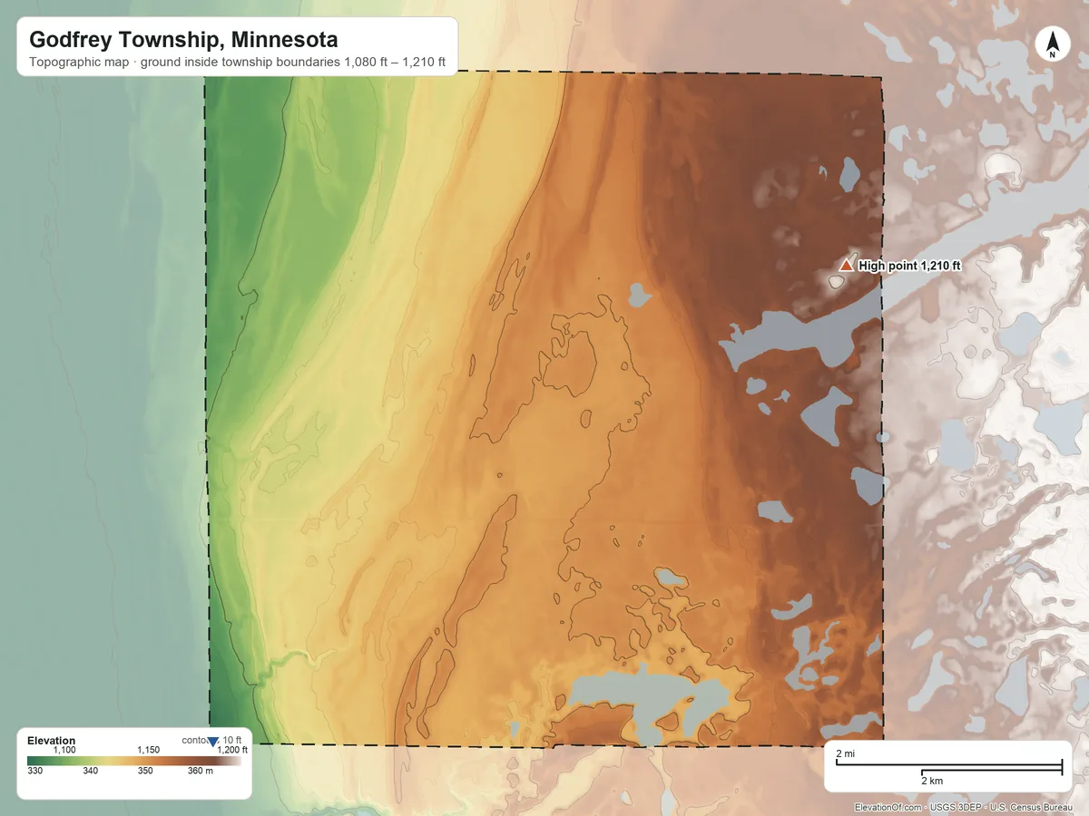 Topographic elevation map of Godfrey Township, Minnesota, shaded from 1,080 ft on the southwest side to 1,210 ft on the northeast side