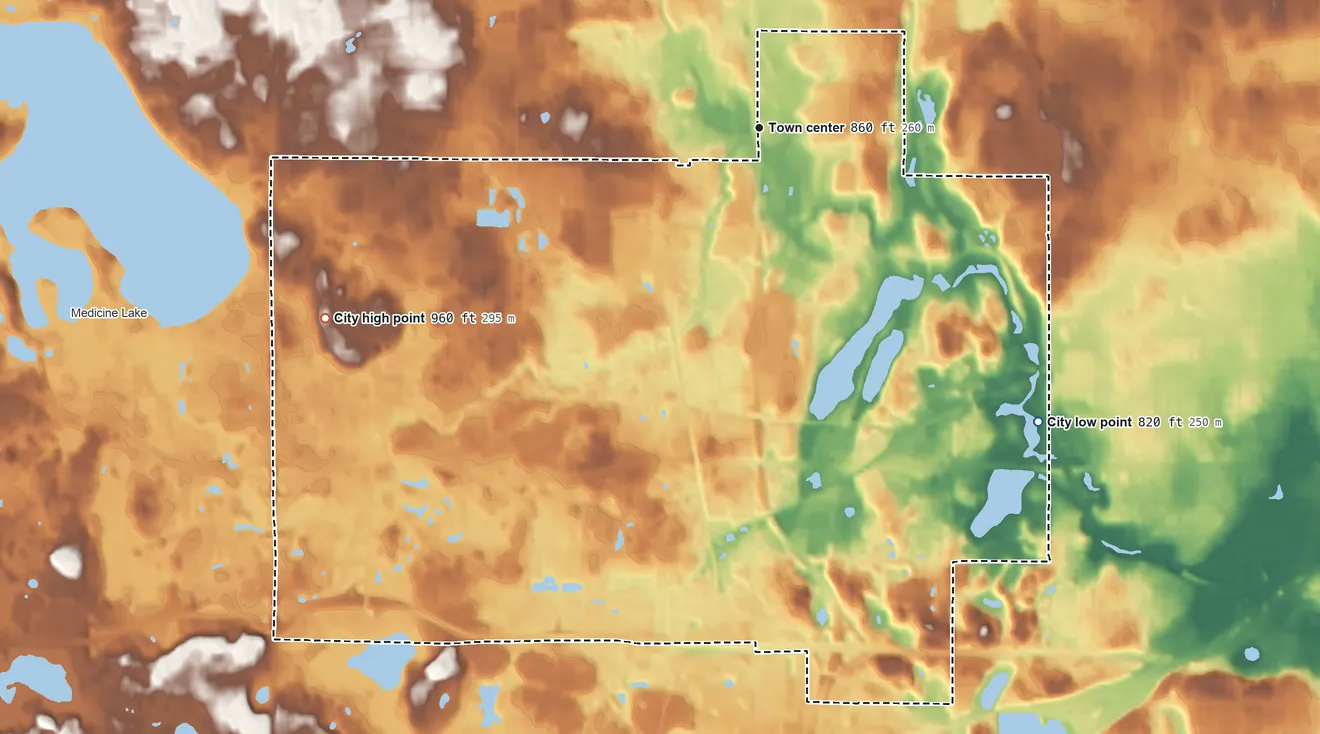 Topographic elevation map of Golden Valley, Minnesota, shaded from 820 ft on the southeast side to 960 ft on the southwest side