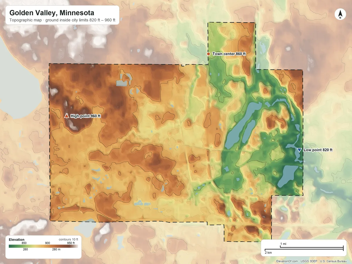 Topographic elevation map of Golden Valley, Minnesota, shaded from 820 ft on the southeast side to 960 ft on the southwest side