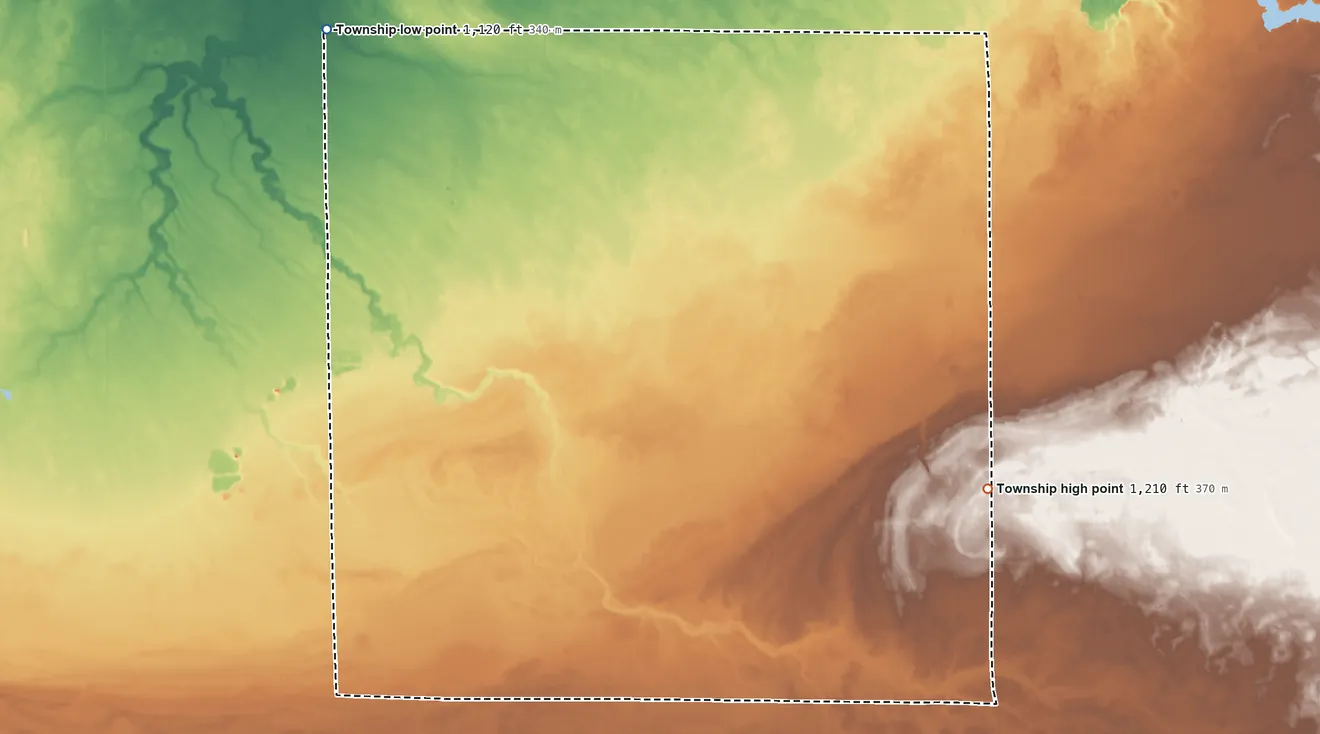 Topographic elevation map of Golden Valley Township, Minnesota, shaded from 1,120 ft on the northwest side to 1,210 ft on the southeast side