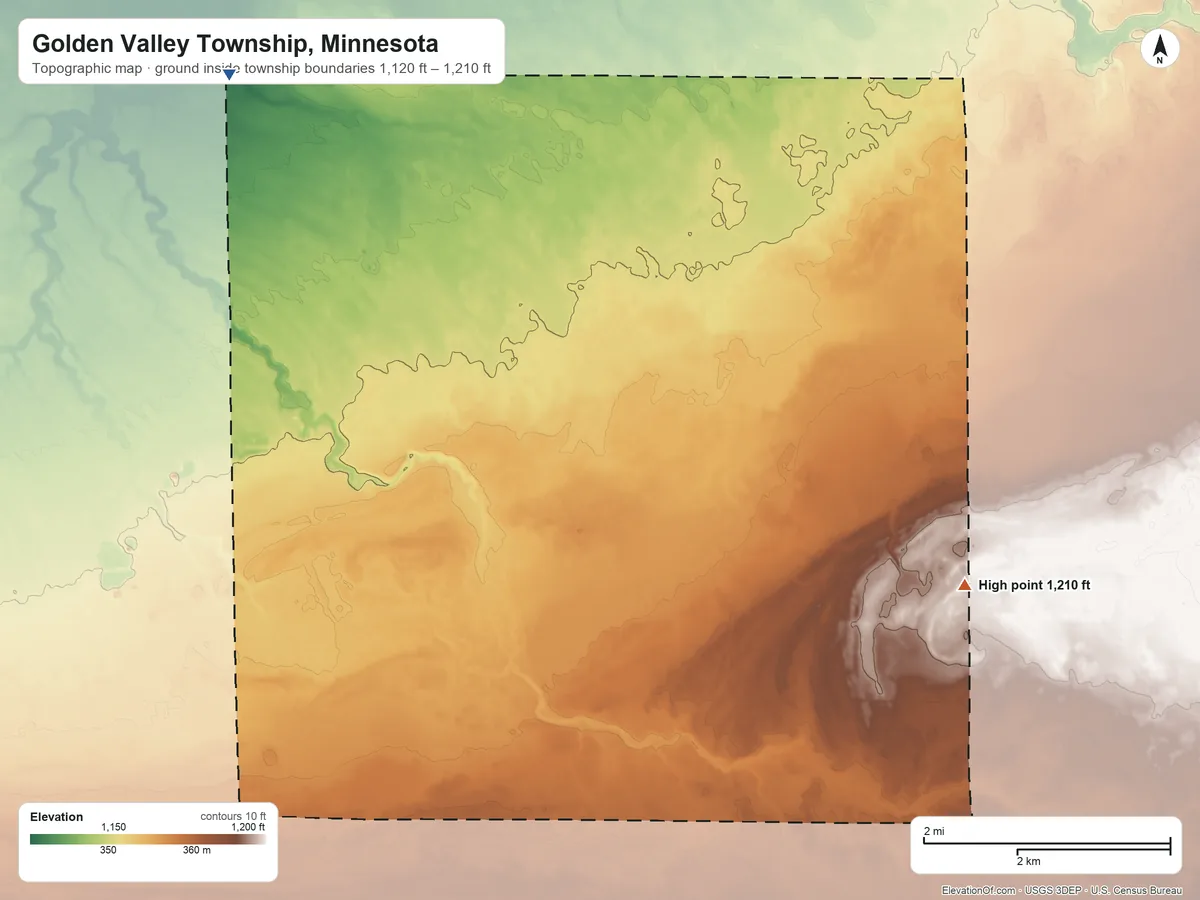 Topographic elevation map of Golden Valley Township, Minnesota, shaded from 1,120 ft on the northwest side to 1,210 ft on the southeast side