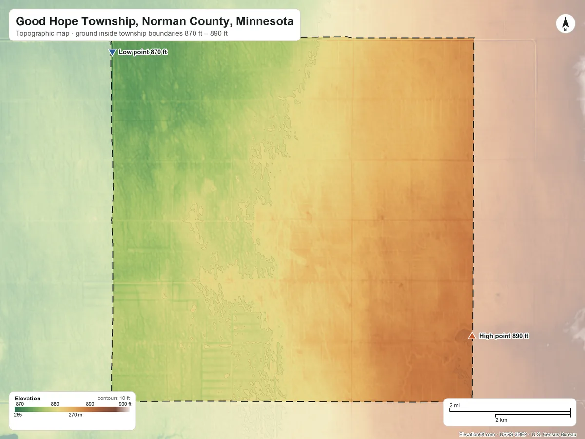 Topographic elevation map of Good Hope Township, Norman County, Minnesota, shaded from 870 ft on the northwest side to 890 ft on the east side