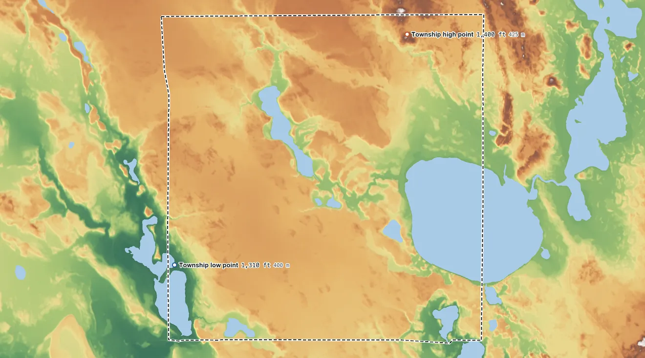 Topographic elevation map of Good Hope Township, Minnesota, shaded from 1,310 ft on the southwest side to 1,400 ft on the northeast side