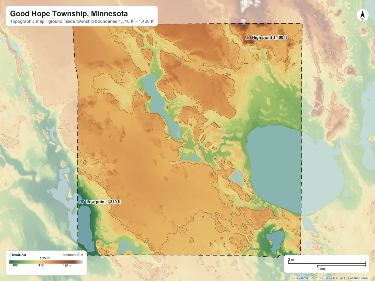 Topographic elevation map of Good Hope Township, Minnesota, shaded from 1,310 ft on the southwest side to 1,400 ft on the northeast side