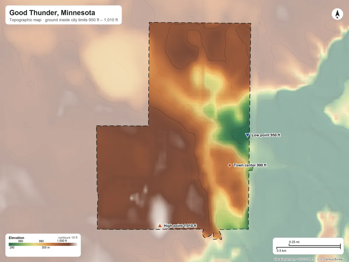 Topographic elevation map of Good Thunder, Minnesota, shaded from 950 ft on the northeast side to 1,010 ft on the southwest side