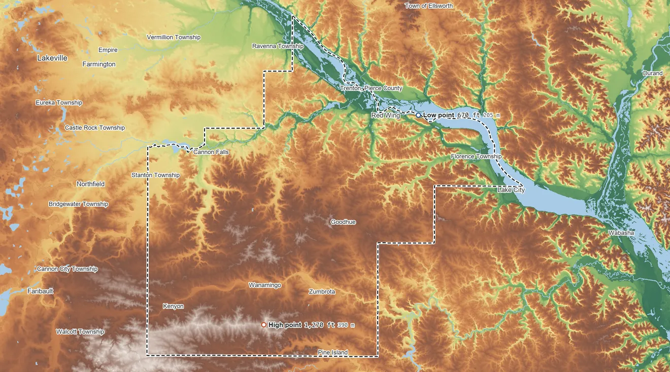 Topographic elevation map of Goodhue County, Minnesota, shaded from 670 ft on the northeast side to 1,270 ft on the southwest side