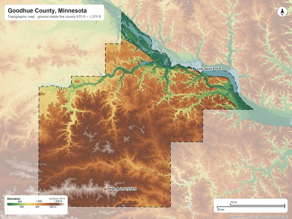 Topographic elevation map of Goodhue County, Minnesota, shaded from 670 ft on the northeast side to 1,270 ft on the southwest side