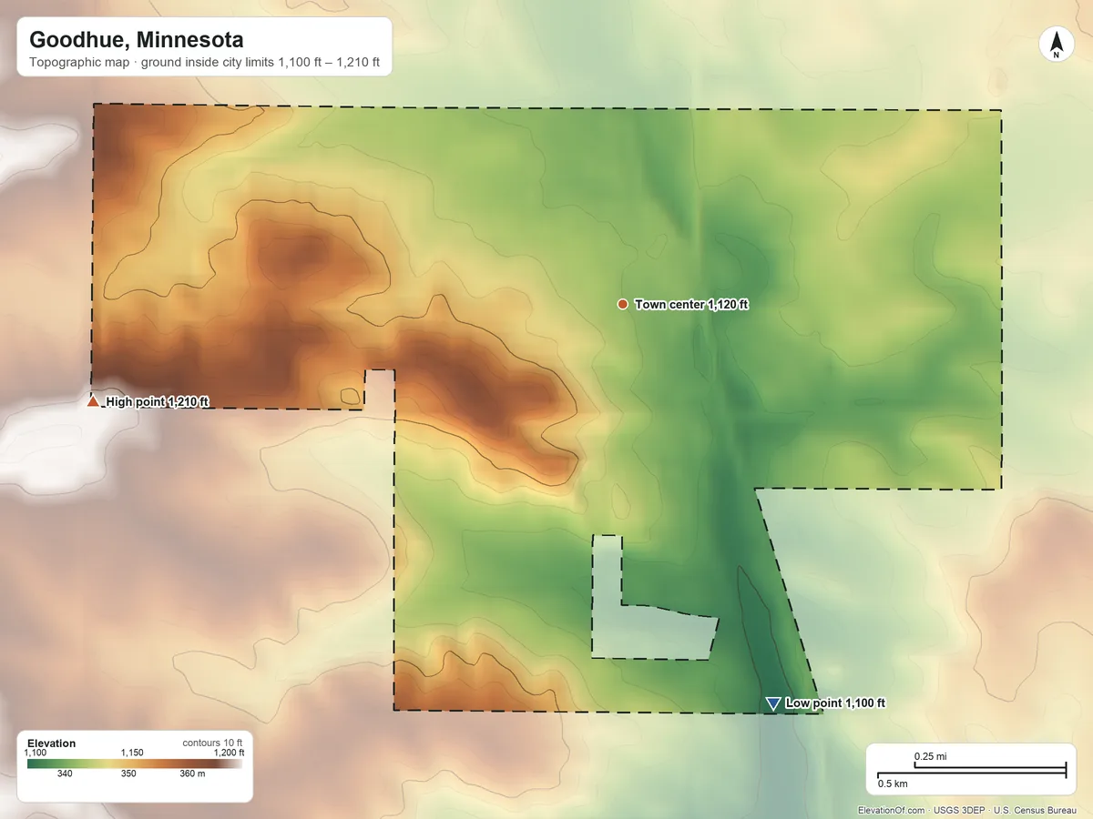Topographic elevation map of Goodhue, Minnesota, shaded from 1,100 ft on the south side to 1,210 ft on the west side