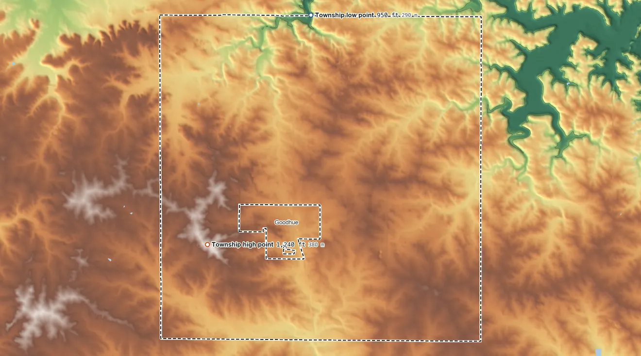 Topographic elevation map of Goodhue Township, Minnesota, shaded from 950 ft on the north side to 1,240 ft on the southwest side