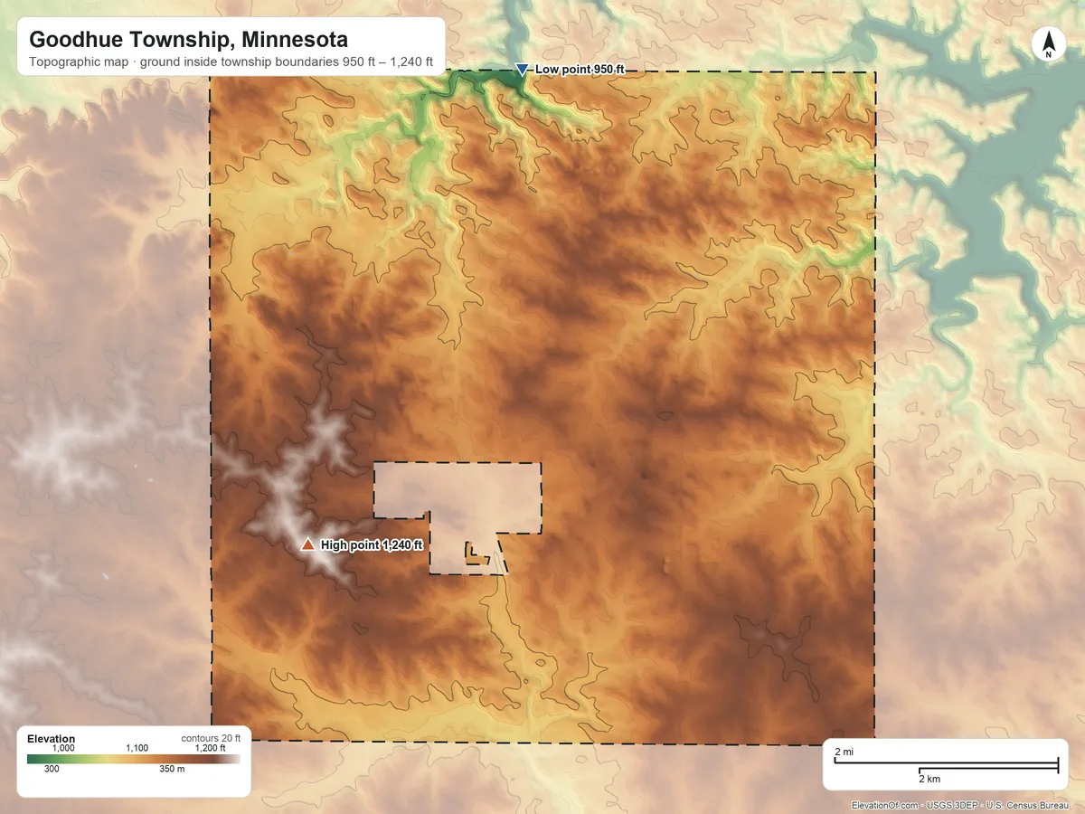 Topographic elevation map of Goodhue Township, Minnesota, shaded from 950 ft on the north side to 1,240 ft on the southwest side