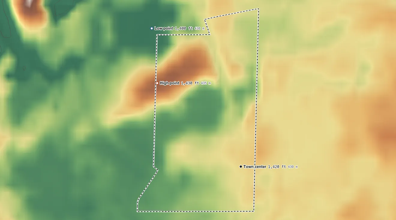 Topographic elevation map of Goodland, Minnesota, shaded from 1,400 ft on the northwest side to 1,430 ft on the northwest side