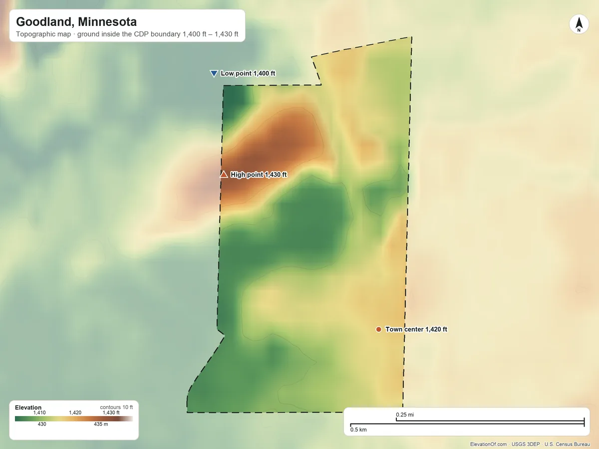 Topographic elevation map of Goodland, Minnesota, shaded from 1,400 ft on the northwest side to 1,430 ft on the northwest side
