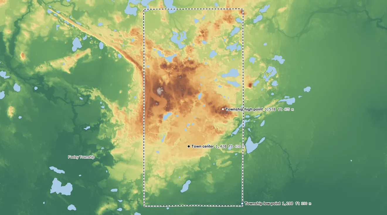 Topographic elevation map of Goodland Township, Minnesota, shaded from 1,280 ft on the southeast side to 1,570 ft on the northeast side