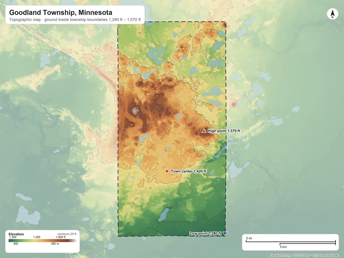 Topographic elevation map of Goodland Township, Minnesota, shaded from 1,280 ft on the southeast side to 1,570 ft on the northeast side