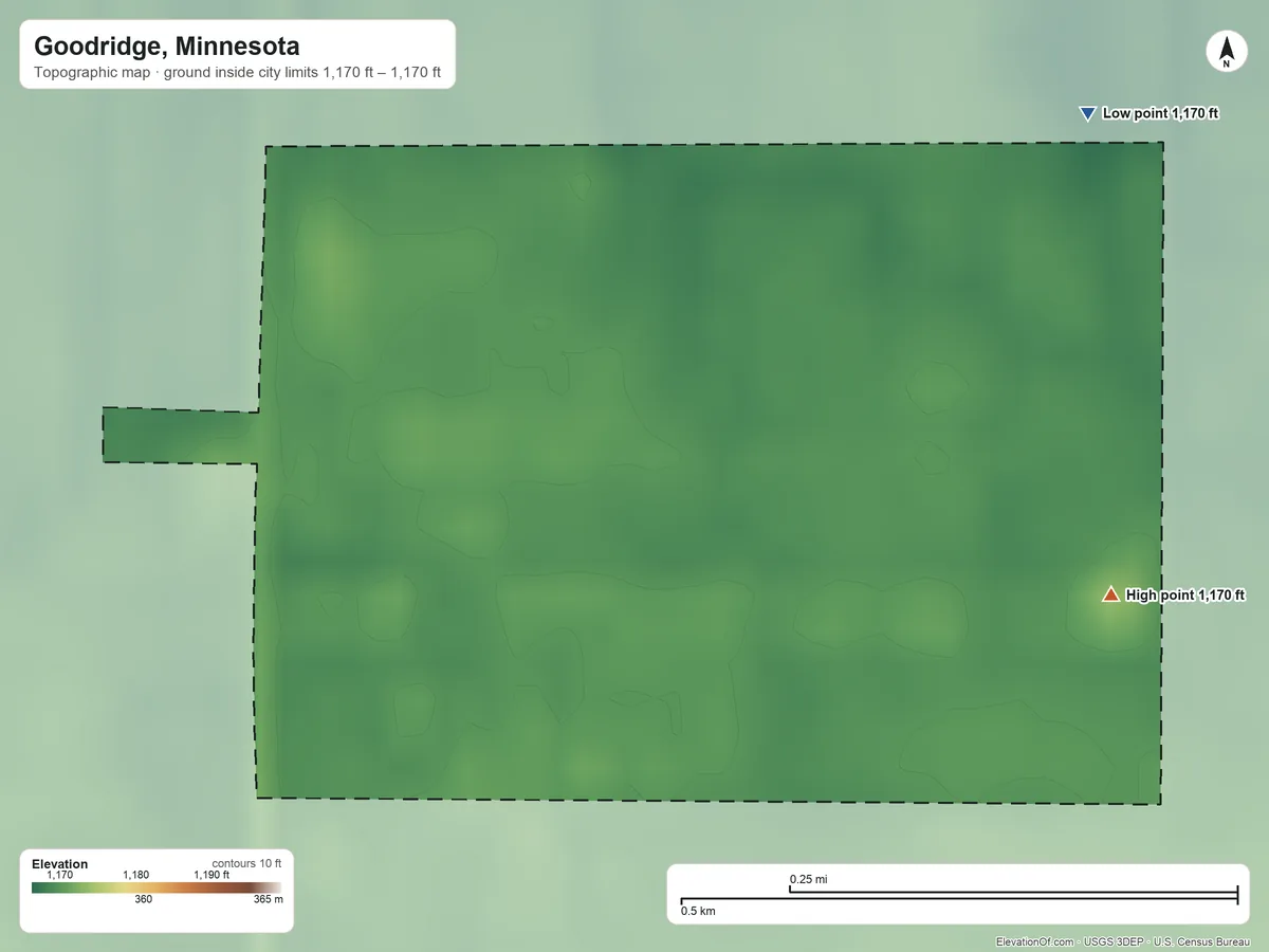 Topographic elevation map of Goodridge, Minnesota, shaded from 1,170 ft on the northeast side to 1,170 ft on the east side