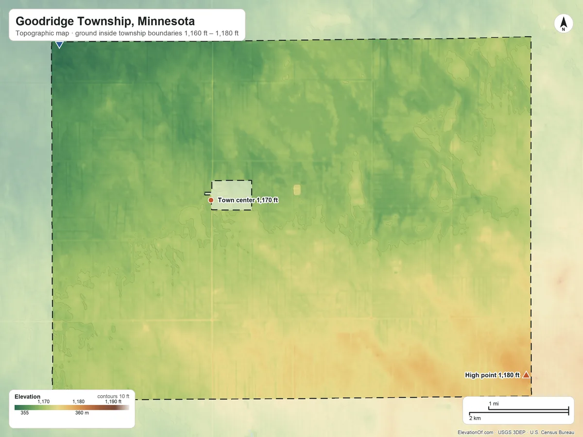 Topographic elevation map of Goodridge Township, Minnesota, shaded from 1,160 ft on the northwest side to 1,180 ft on the southeast side