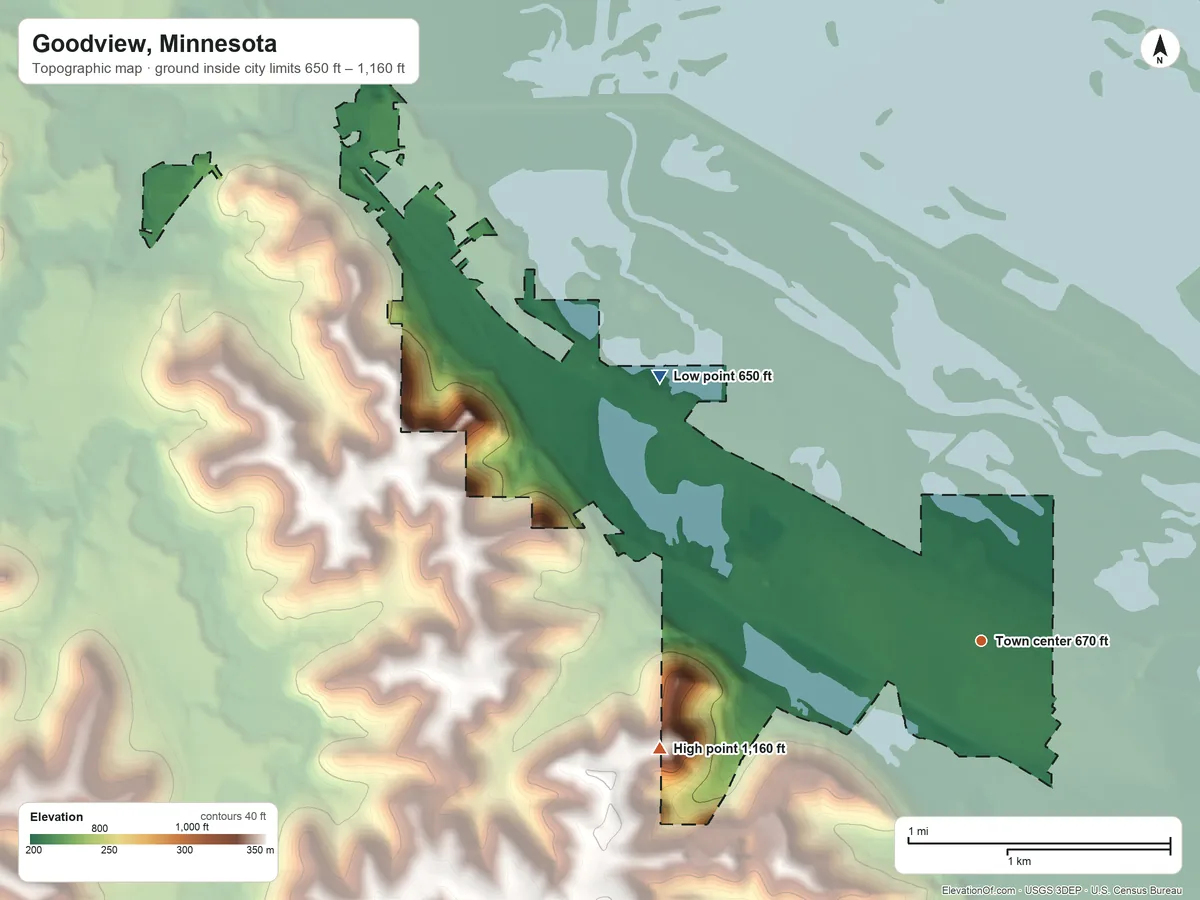 Topographic elevation map of Goodview, Minnesota, shaded from 650 ft on the northwest side to 1,160 ft on the west side