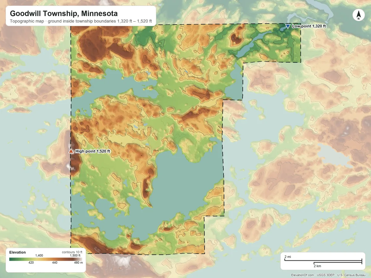 Topographic elevation map of Goodwill Township, Minnesota, shaded from 1,320 ft on the northeast side to 1,520 ft on the northwest side