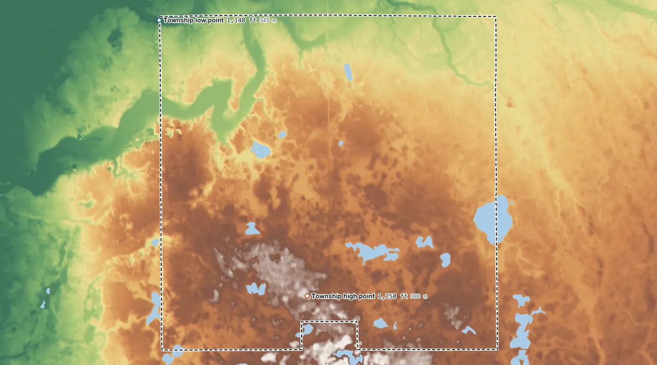 Topographic elevation map of Goose Prairie Township, Minnesota, shaded from 1,140 ft on the northwest side to 1,250 ft on the south side