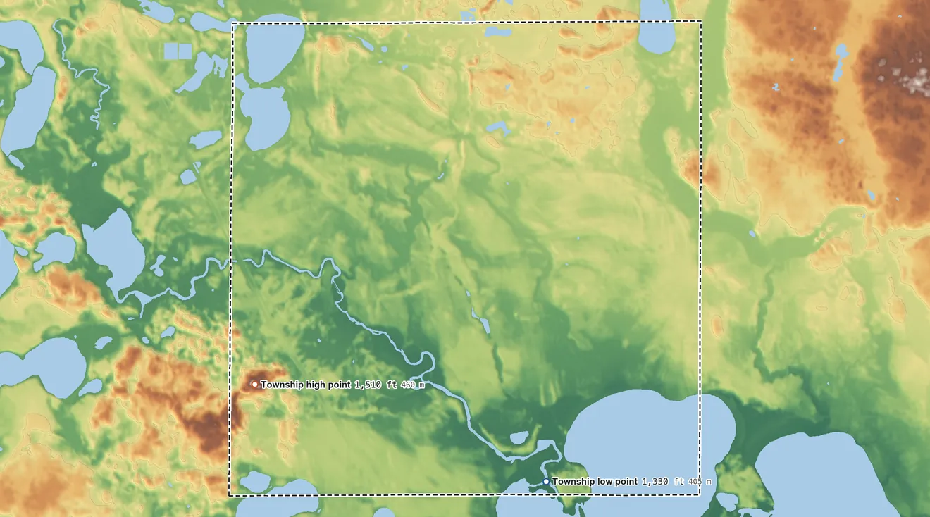 Topographic elevation map of Gorman Township, Minnesota, shaded from 1,330 ft on the south side to 1,510 ft on the west side