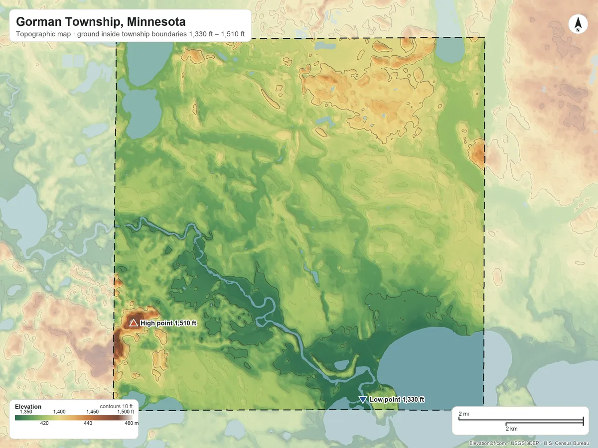Topographic elevation map of Gorman Township, Minnesota, shaded from 1,330 ft on the south side to 1,510 ft on the west side