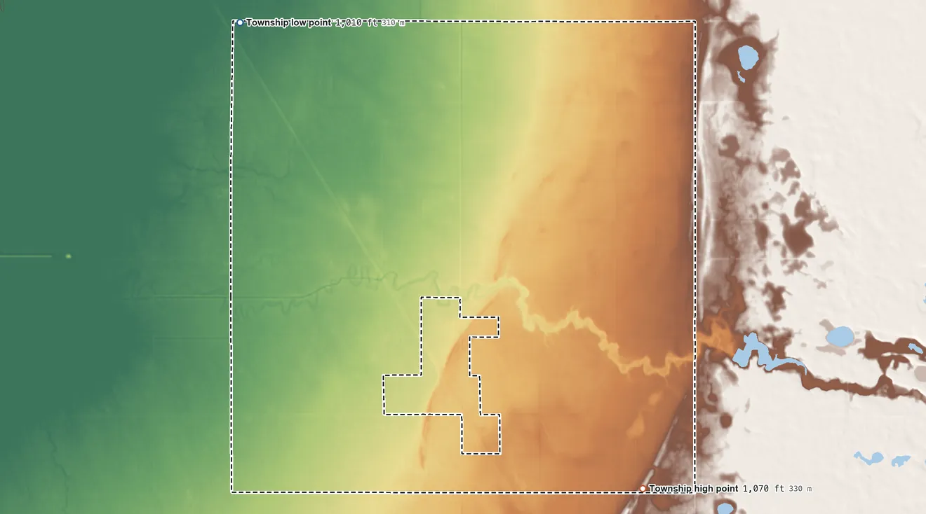 Topographic elevation map of Gorton Township, Minnesota, shaded from 1,010 ft on the northwest side to 1,070 ft on the south side