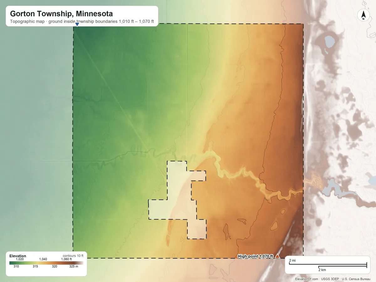 Topographic elevation map of Gorton Township, Minnesota, shaded from 1,010 ft on the northwest side to 1,070 ft on the south side