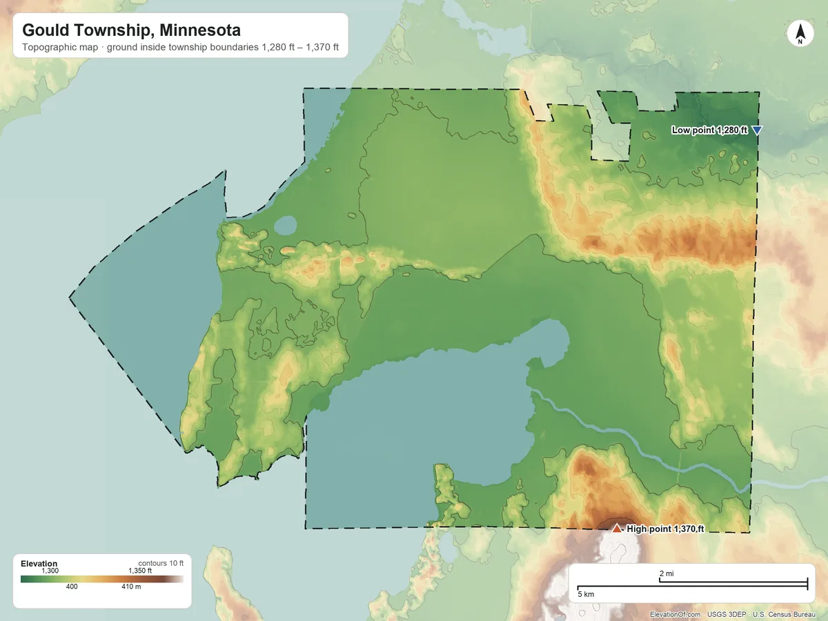 Topographic elevation map of Gould Township, Minnesota, shaded from 1,280 ft on the northeast side to 1,370 ft on the east side