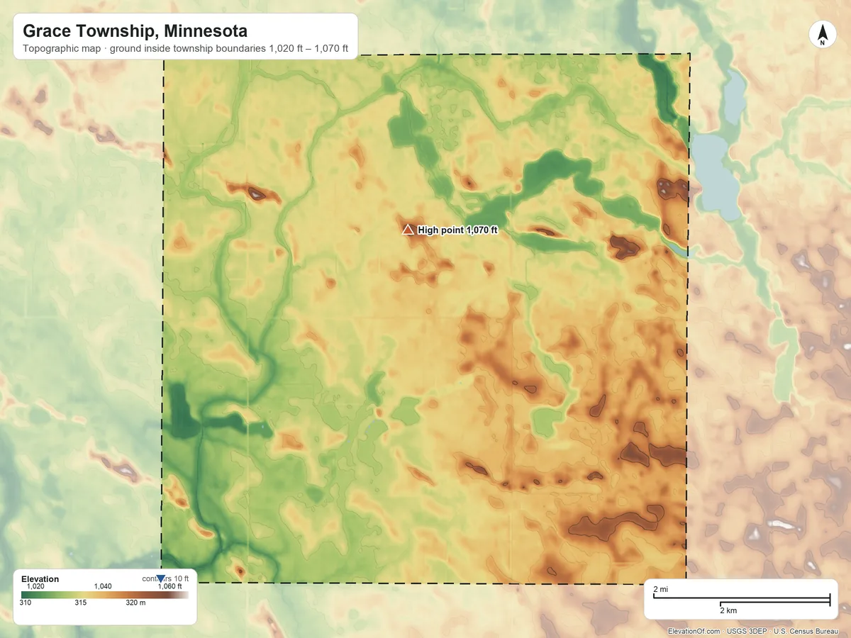 Topographic elevation map of Grace Township, Minnesota, shaded from 1,020 ft on the southwest side to 1,070 ft near the middle