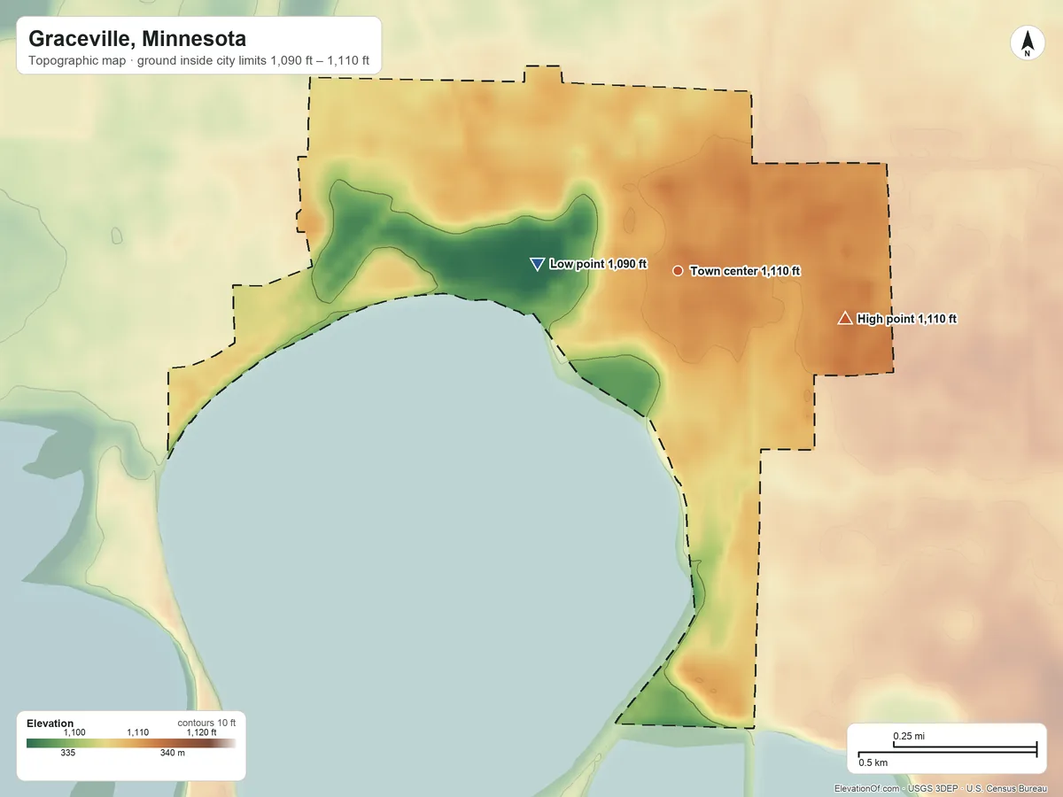 Topographic elevation map of Graceville, Minnesota, shaded from 1,090 ft on the west side to 1,110 ft on the east side