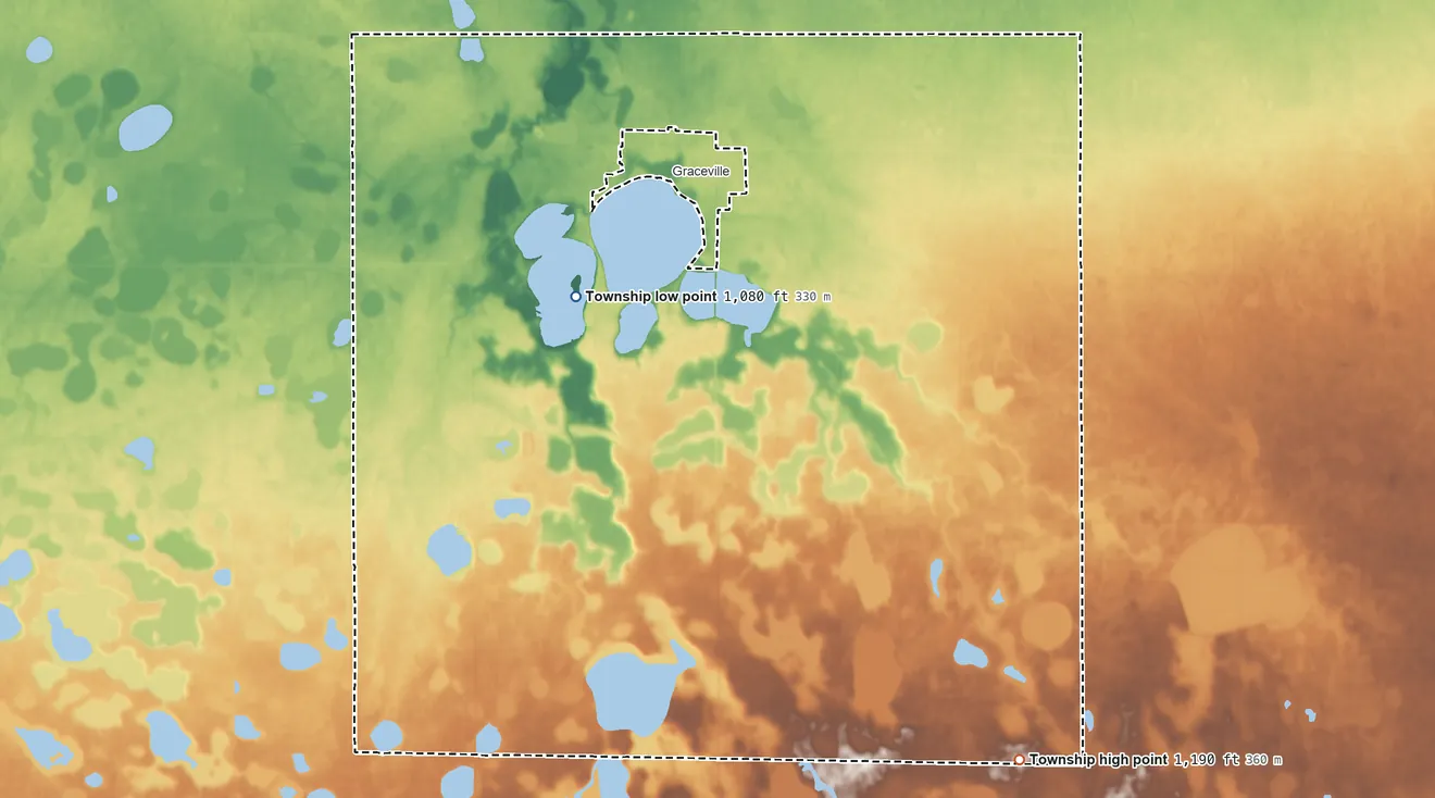 Topographic elevation map of Graceville Township, Minnesota, shaded from 1,080 ft near the middle to 1,190 ft on the southeast side