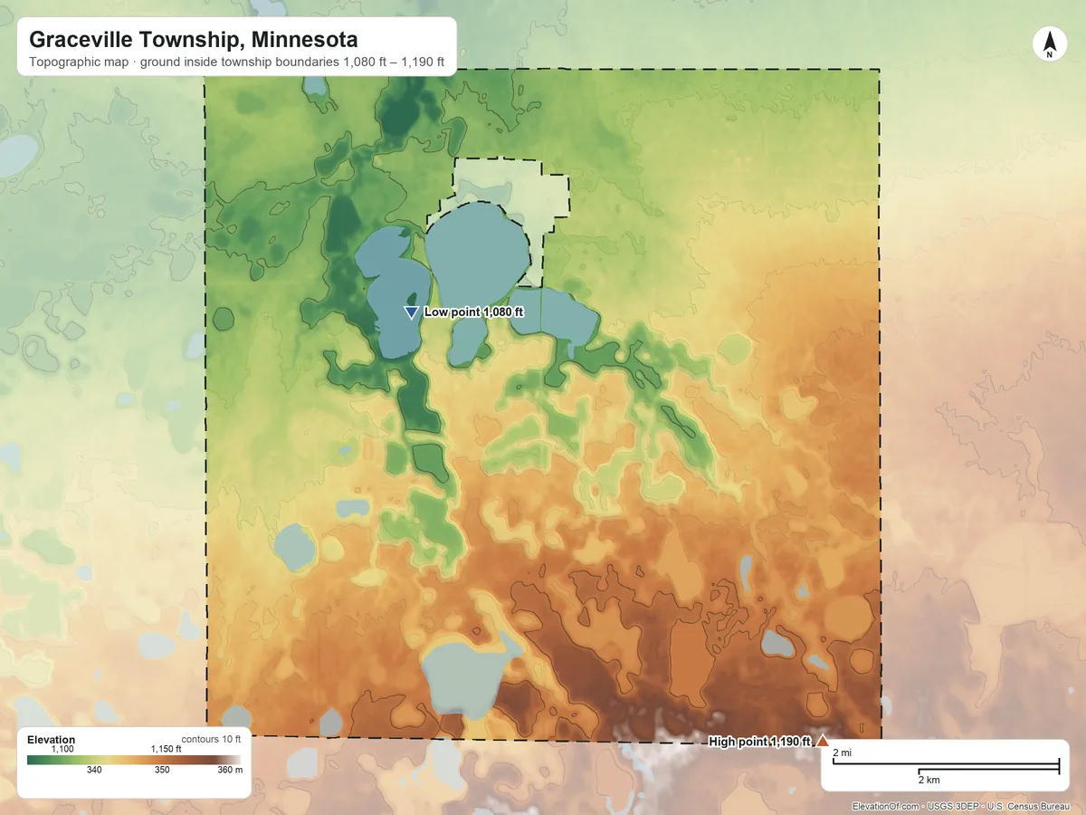 Topographic elevation map of Graceville Township, Minnesota, shaded from 1,080 ft near the middle to 1,190 ft on the southeast side