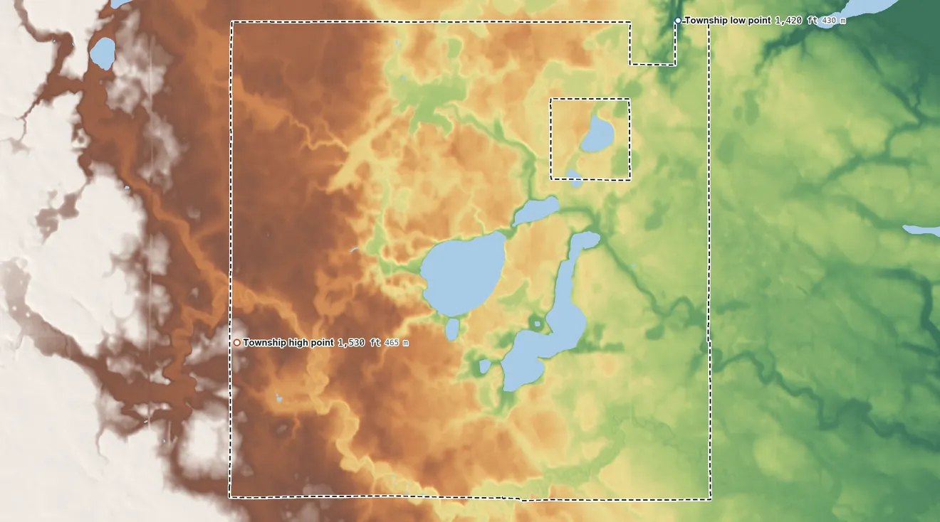 Topographic elevation map of Graham Lakes Township, Minnesota, shaded from 1,420 ft on the northeast side to 1,530 ft on the southwest side