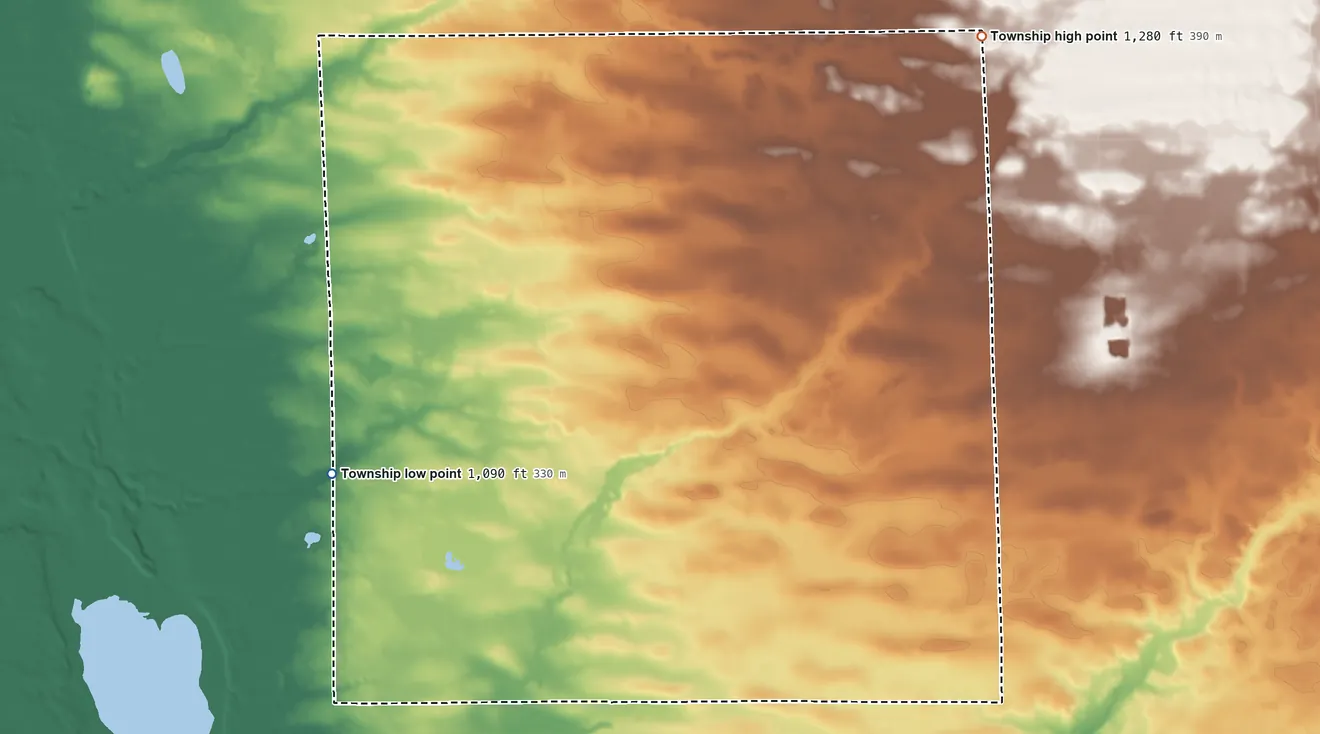 Topographic elevation map of Graham Township, Minnesota, shaded from 1,090 ft on the west side to 1,280 ft on the northeast side
