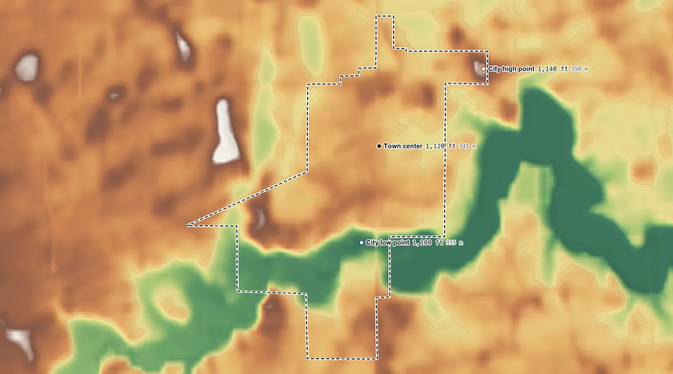 Topographic elevation map of Granada, Minnesota, shaded from 1,100 ft on the south side to 1,140 ft on the northeast side