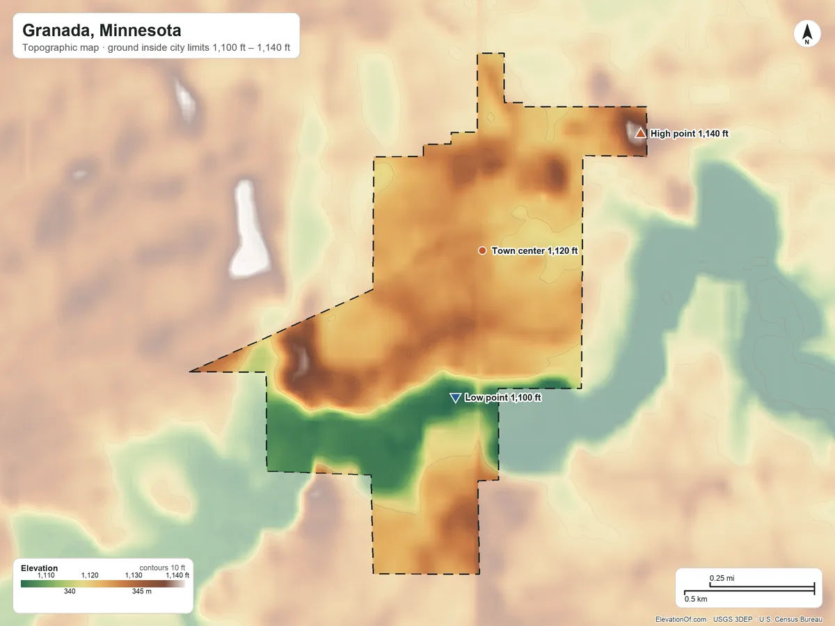 Topographic elevation map of Granada, Minnesota, shaded from 1,100 ft on the south side to 1,140 ft on the northeast side