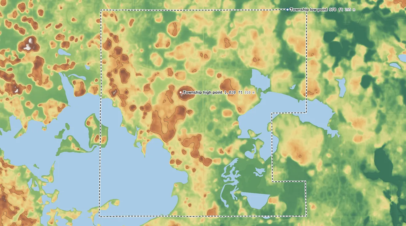 Topographic elevation map of Granby Township, Minnesota, shaded from 970 ft on the northeast side to 1,020 ft on the west side