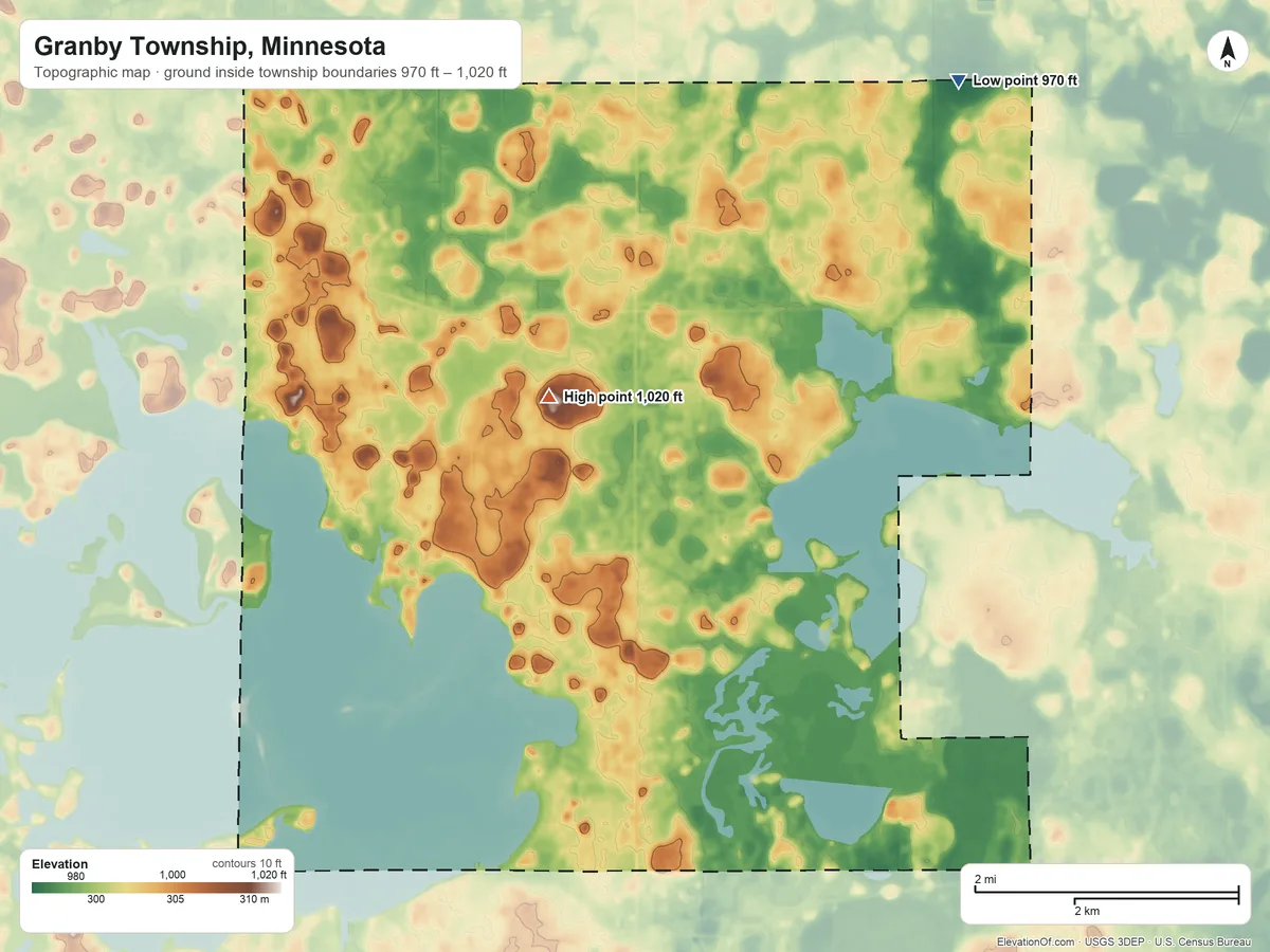Topographic elevation map of Granby Township, Minnesota, shaded from 970 ft on the northeast side to 1,020 ft on the west side
