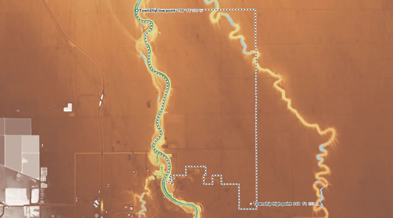 Topographic elevation map of Grand Forks Township, Minnesota, shaded from 790 ft on the northwest side to 840 ft on the southeast side